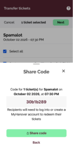 TransferMyHanoverTickets_Step4a - Hanover Theatre and Conservatory - Hanover Theatre and Conservatory Transfer tickets screen on mobile; 1 ticket selected, Next button highlighted green.