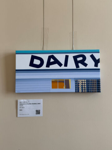 A painting of a storefront with a bold blue and white sign reading 'DAIRY' across the top of a pale blue building.