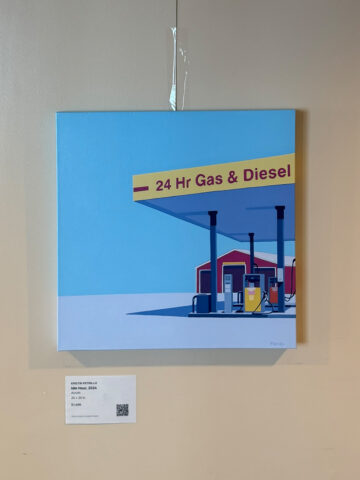 Illustrated gas station under a blue sky with a yellow 24 Hr Gas & Diesel sign over the pumps.