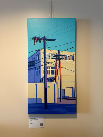 Tall painting of an urban street with blue and beige buildings, prominent power poles, and crisscrossing wires against a bright blue sky.