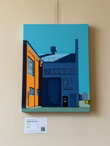 Industrial painting of blue and orange factory buildings under a clear sky, with geometric shapes and large windows.